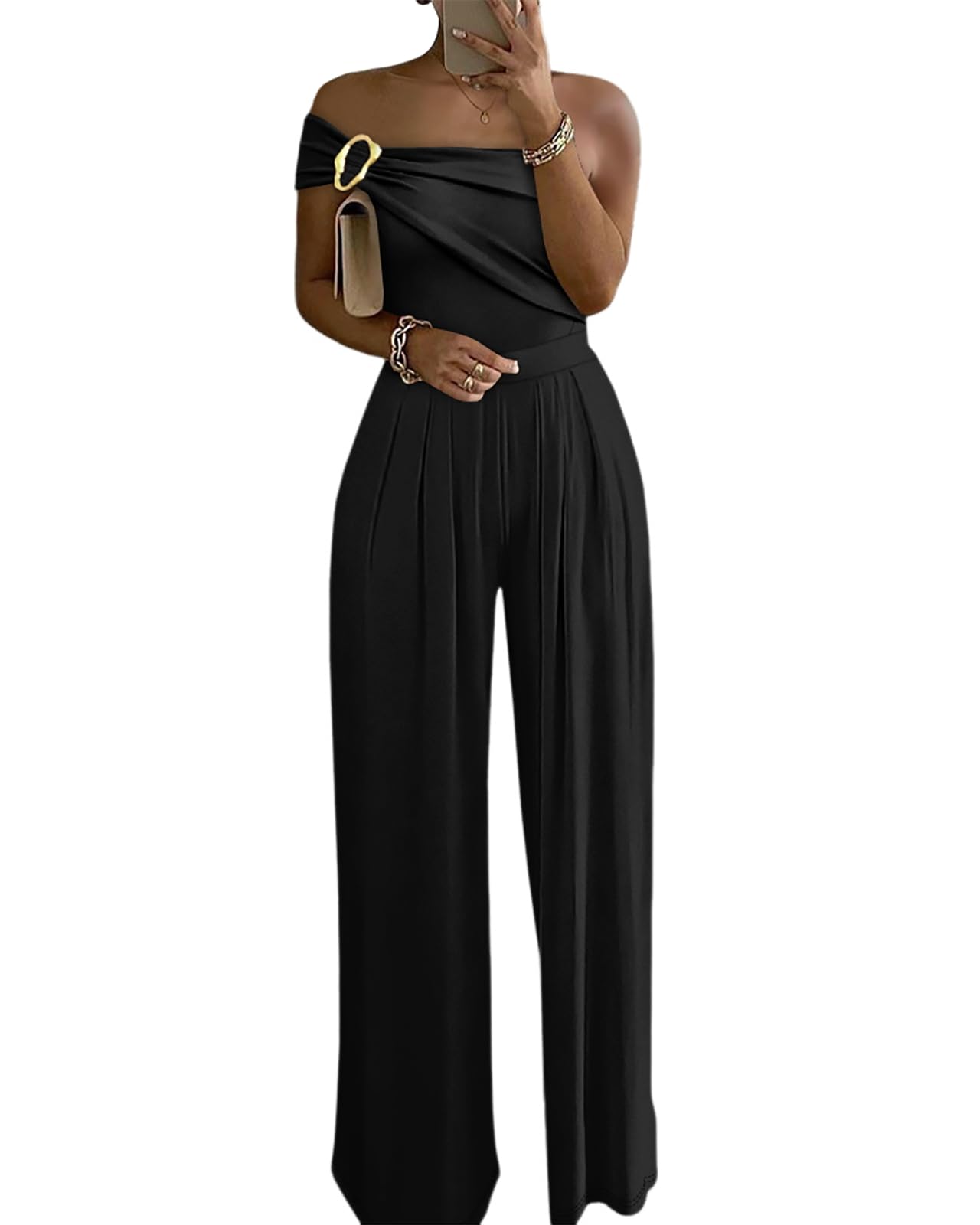 Photo 1 of *small* CHICME Womens Sleeveless Jumpsuit One Shoulder Ruched Romper Casual Fall Buckle Decor Wide Leg Black Jumpsuits-S
