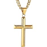 HZMAN Cross Necklace for Men Stainless Steel Cross with Cubic Zirconia Inlay Pendant Necklace with 5mm Cuban Chain 24Inch
