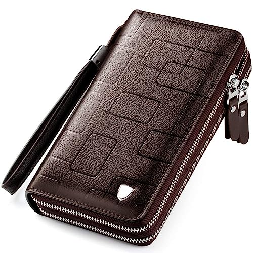 WEIXIER Mens Clutch Bag Handbag Genuine Leather Purse Zipper Long Wallet Business Large Hand Clutch Phone Holder