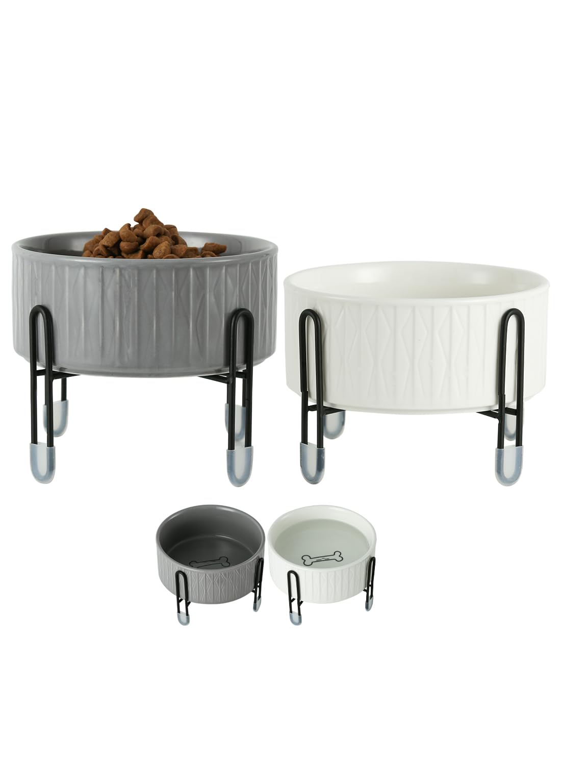 Photo 1 of 32 oz Ceramic Dog Cat Bowls with Elevated Metal Stand, 2 Heights Elevated, 6.5 Inch Ceramic Round Pet Food and Water Feeder Bowl Dish for Cats & Dogs, White & Grey