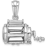 Auriga Fine Jewelry 925 Sterling Silver Rhodium-Plated Polished 3D Moveable Fishing Reel Charm Pendant (L- 28 mm, W- 26 mm)