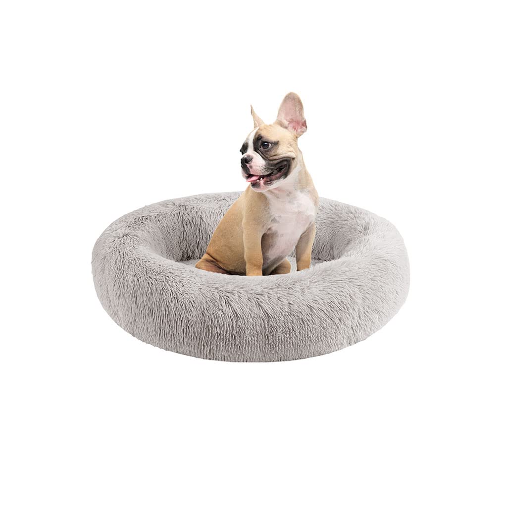Friends Forever Serena Donut Memory Foam Orthopedic Dog Bed, Soft Faux Fur Oval Cat Couch For Indoor Pet, Fluffy Calming Plush Shag, Round Raised Bolster Cushion, Machine Washable Cuddler, Grey Image