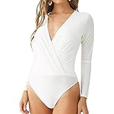 LINMON Women's Long Sleeve Bodysuit Surplice Ruched Plunge V Neck Stretchy Jumpsuit Leotards