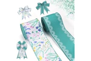 2 Rolls 2.5" × 5 Yd Spring Flower Ribbons Sage Green White Lace Wired Edge Burlap Ribbons Pink Yellow Purpel Floral Leaves fo