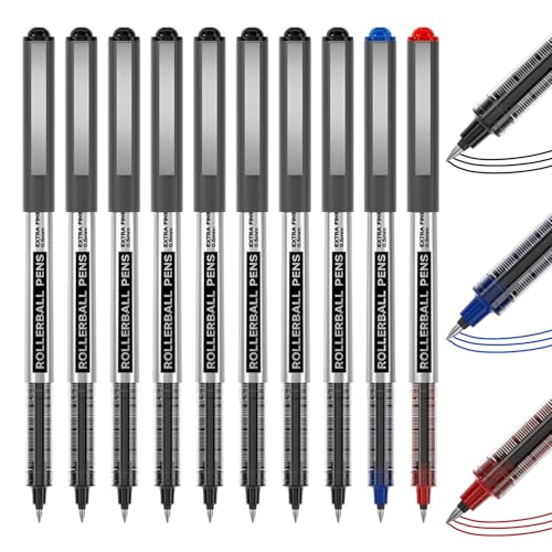 Shuttle Art Rollerball Pens, 10 Pack(8 black 1 blue 1 red) Liquid Ink Pens, 0.5mm Extra Fine Point, Quick Drying for Writing Journaling Taking Notes School Office