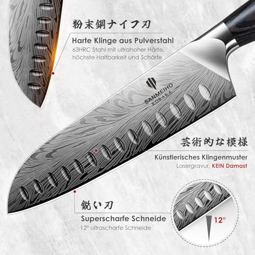 SANMEIHO Powder Steel Kitchen Knife, Japanese Chef's Knife, Santoku Knife, 18 cm, Professional Chef's Knife with High Carbon Content, Sharp Kitchen Knife with Ergonomic Pakka Wood Handle