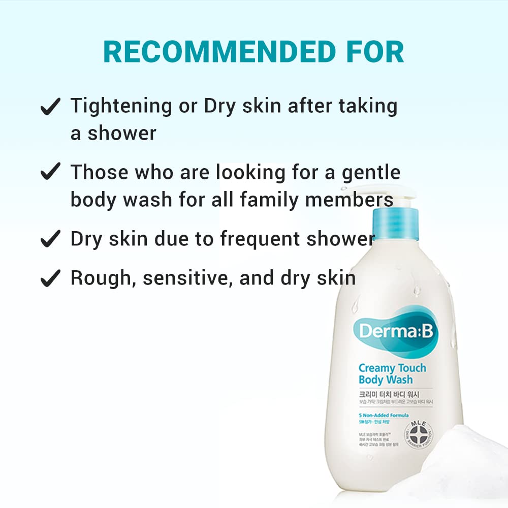 Derma B Creamy Touch Body Wash, Long-Lasting Mild Moisturizing Cleanser, Intensive Nourishing with Shea Butter, Grape Seed Oil, Panthenol, Relaxing Scented Shower Gel, Kbeauty, 13.5 Fl Oz, 400ml