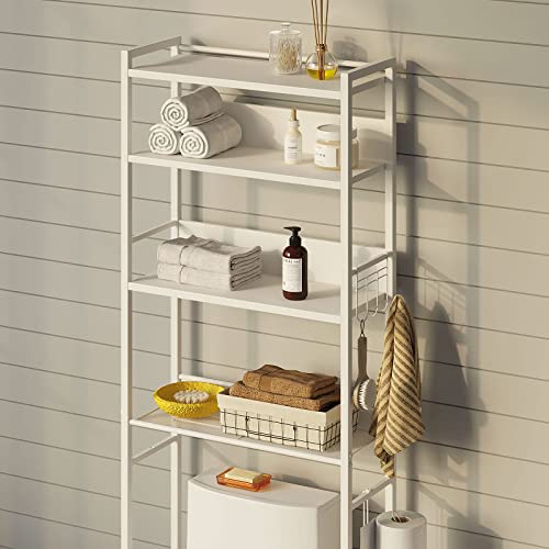 Rolanstar Over The Toilet Storage, 4Tier Wooden Bathroom Space Saver with Hooks, Freestanding