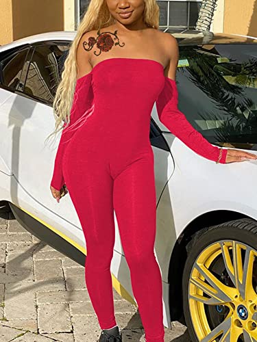 HILINKER WOMENS SEXY OFF SHOULDER JUMPSUIT BODYCON LONG SLEEVE ONE PIECE ROMPER RED SMALL