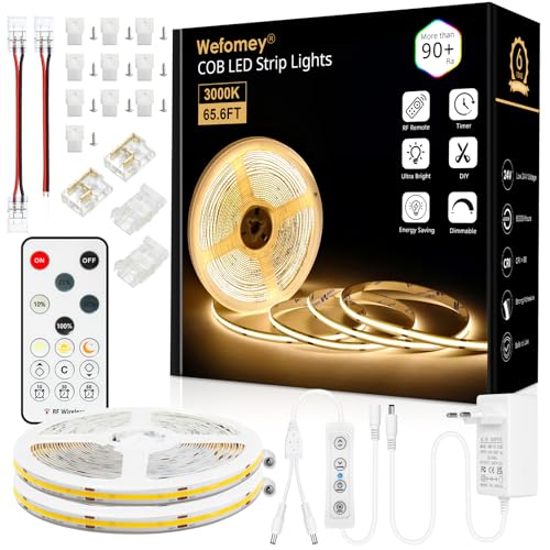 Wefomey 20 m COB LED Strip, Warm White 3000 K Flexible Dimmable 24 V with Remote Control and Power Supply, CRI>90, Width 8 mm, 324 LEDs/M, Warm White LED Strip for Home, Bedroom, Mirror Decorate