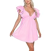 Zebaexf Womens Spring Summer V Neck Knot Back Causal Strap Short Flowy Swing Mini Dress