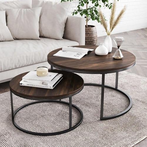 Zucng Nesting Tables Removable Set of 2 End Table, Round Coffee Tables with Gold Metal Frame Legs and Faux Marble Coffee Table Wooden for Living Room, Bedroom, Office, Balcony, Apartment (Brown)