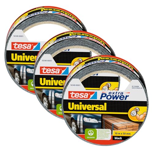 extra Power Universal Ruban Adhésif Toile - Tenue extra forte - Duct Tape pour les Réparations, la Fixation, l'Étanchéité et plus Encore - Noir - 3 Rouleau - 10 m x 50 mm
