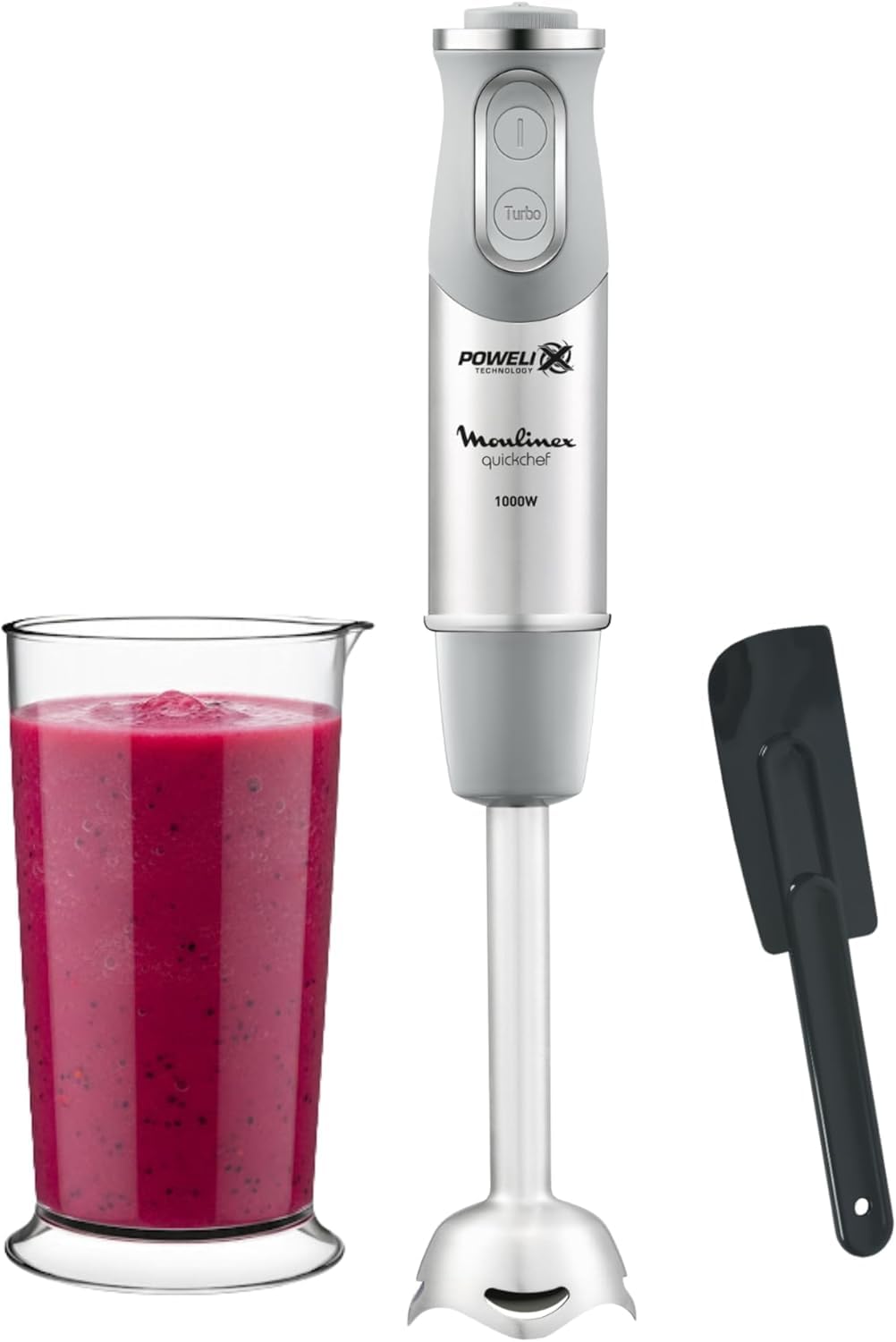 Moulinex Quickchef DD65ADES Stabmixer + Spatel, Metallfuß, 1000 W, 10 Geschwindigkeiten, Messbecher 800 ml, Powelix-Klingen, Grau