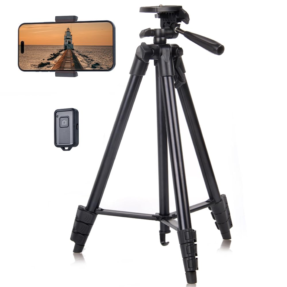 Lightweight Tripod, Everesta Video Phone Camera Tripod Stand with Wireless Remote Shutter, Phone Clip, Carry Bag for Travel/YouTube Video/Photography/Vlog, Compatible with iOS & Android (55 Inch)