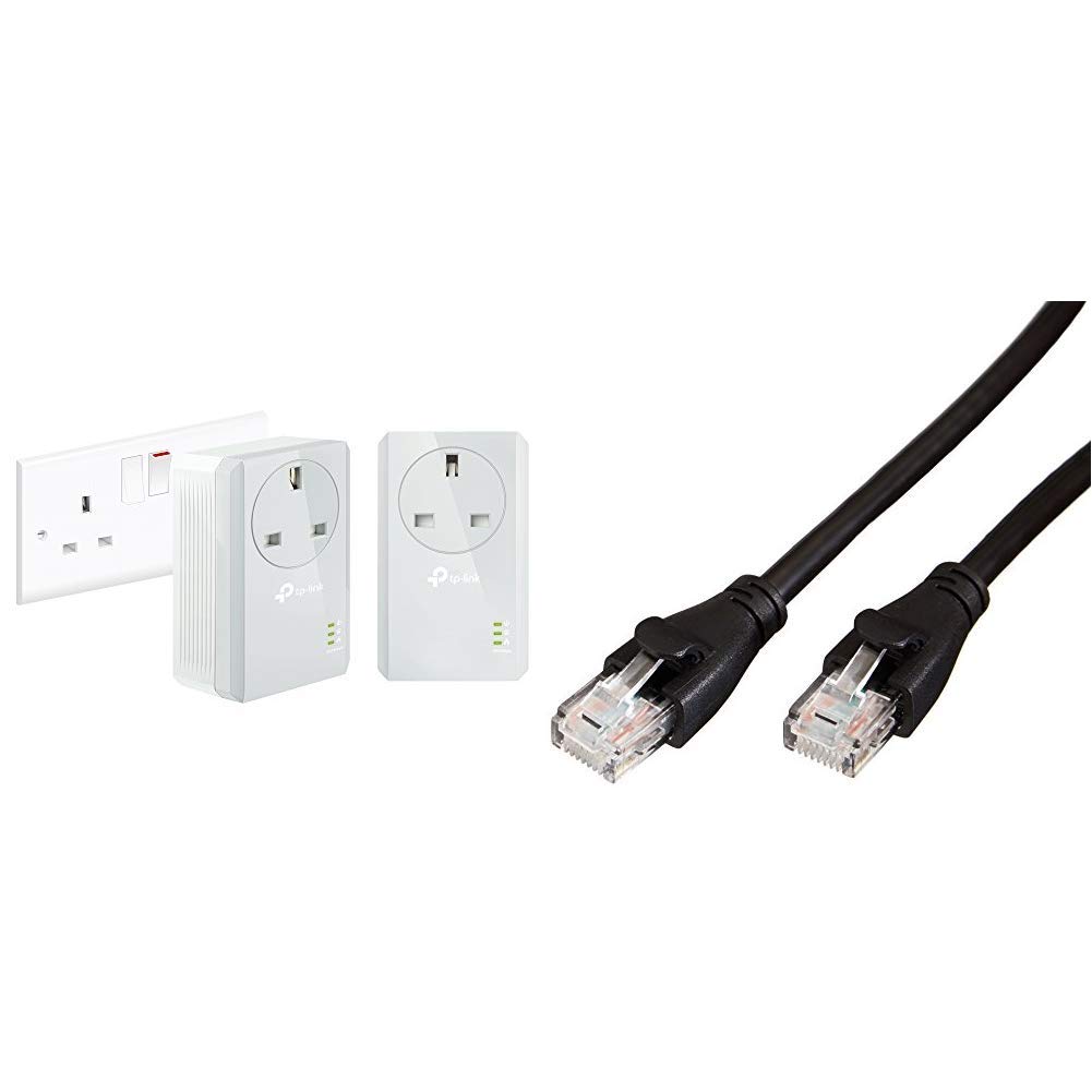 TP-Link TL-PA4010PKIT Passthrough Powerline Adapter Starter Kit, No Configuration Required, UK Plug, Pack of 2 & Amazon Basics RJ45 CAT6 Ethernet LAN Patch Cable (3 m / 10 Feet) [1,000 Mbps (1 Gbps)]