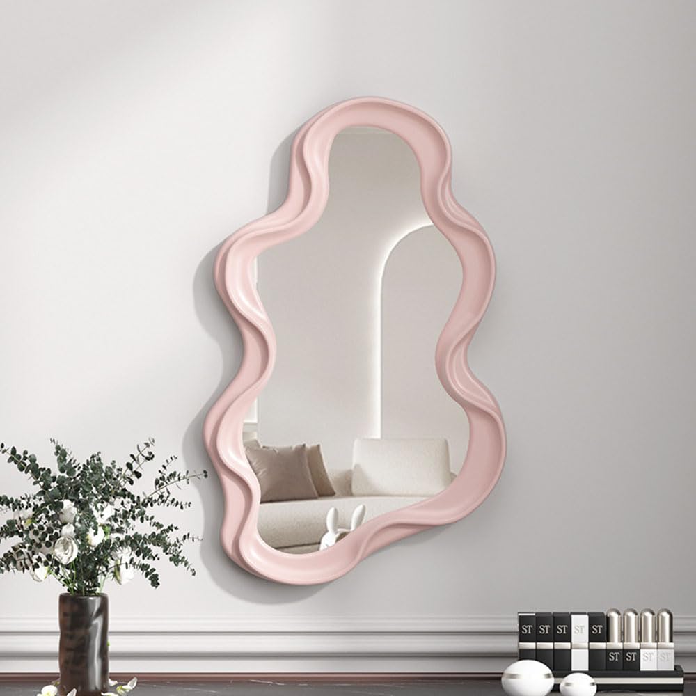 Hosoncovy Irregular Frame Wall Hanging Decorative Makeup Vanity Mirror for Bathroom, Living Room, Bedroom (Pink)