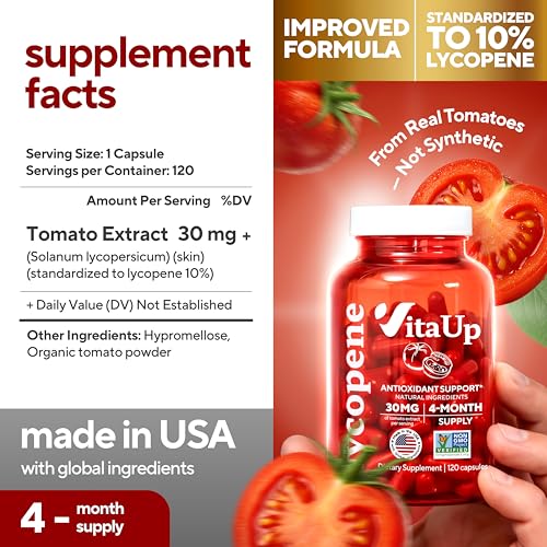 VitaUp Lycopene Supplements for Men – USA Made Prostate Supplements for Men with Natural Tomato Extract – Non-GMO Lycopene Supplement for Normal Prostate, Skin & Antioxidant Support – 120 Count