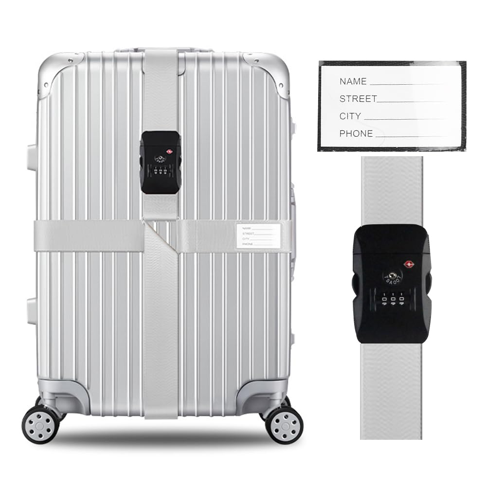 Photo 1 of Veki Cross Luggage Straps Set TSA Approved with Lock Adjustable Travel Suitcase Belts Suitcase Tags with Name ID Card Packing Straps for Suitcases Strap Travel Accessories (Silver Gray 1pcs)