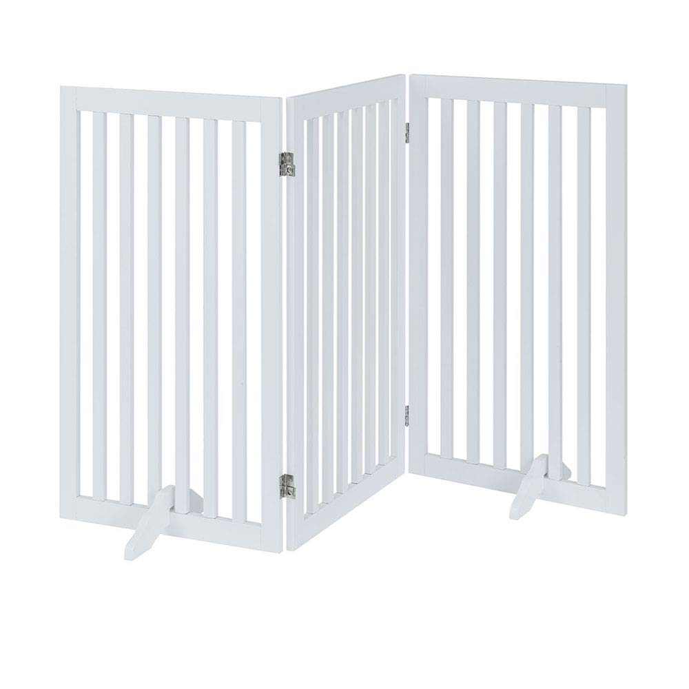 unipaws Freestanding Tall Dog Gate, Foldable Pet Fence, Indoor Wood Barrier, Assembly Free Stair Gate with 2PCS Support Feet (91cm H, 3Panels, White)