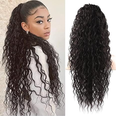 Photo 1 of 20 inch Black Ponytail Extension, Drawstring Ponytail for Women, Long Wavy Pony Tails Hair Extensions, Human Hair Extensions Ponytail for Daily Use (Curly Hair, 20 inch)