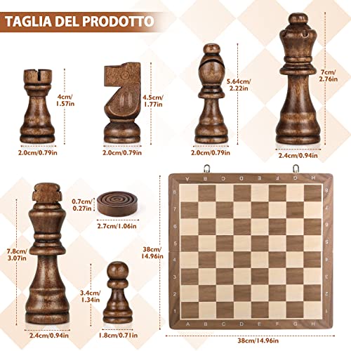 Peradix 2 in 1 Wooden Chess Board, Magnetic Chess Board, Checkers and Chess Board Folding Wood 38 x 38 cm with Travel Magnets for Adults and Children, Professional