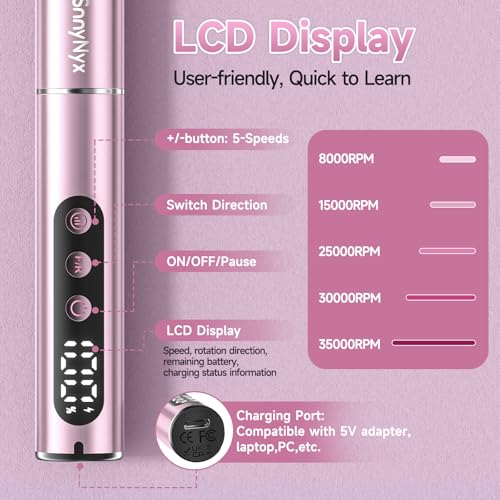 SnnyNyx Cordless Electric Nail Drill 35000 RPM, Professional Nail File Kit with LCD Display, 12 Bits & 36 Sanding Bands, Rechargeable Manicure Pedicure Kit for Acrylic Gel Nails, Salon & Home Use(Rose Gold)