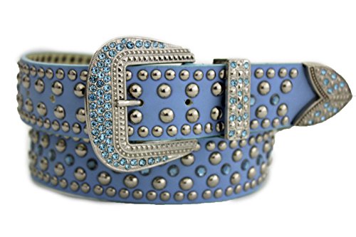 TFJ Women Western Fashion Belt Big Beads Metal Buckle Rhinestones M L Light Blue