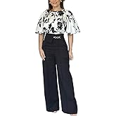 CHICME Womens Summer 2 Piece Outfit Bell Sleeves Floral Blouse with High Waist Pants Set Party Outfits