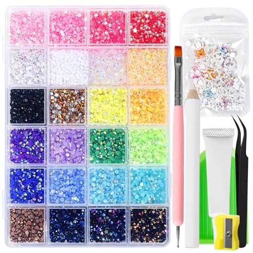 30000Pcs Bedazzling Kit with Glue, 3MM Flatback Rhinestones for Bedazzling with 1 Pack 3D Butterfly Nail Diamonds, Pearls Jewels, Tweezer and Pen, Pencil Sharpener for DIY Crafts