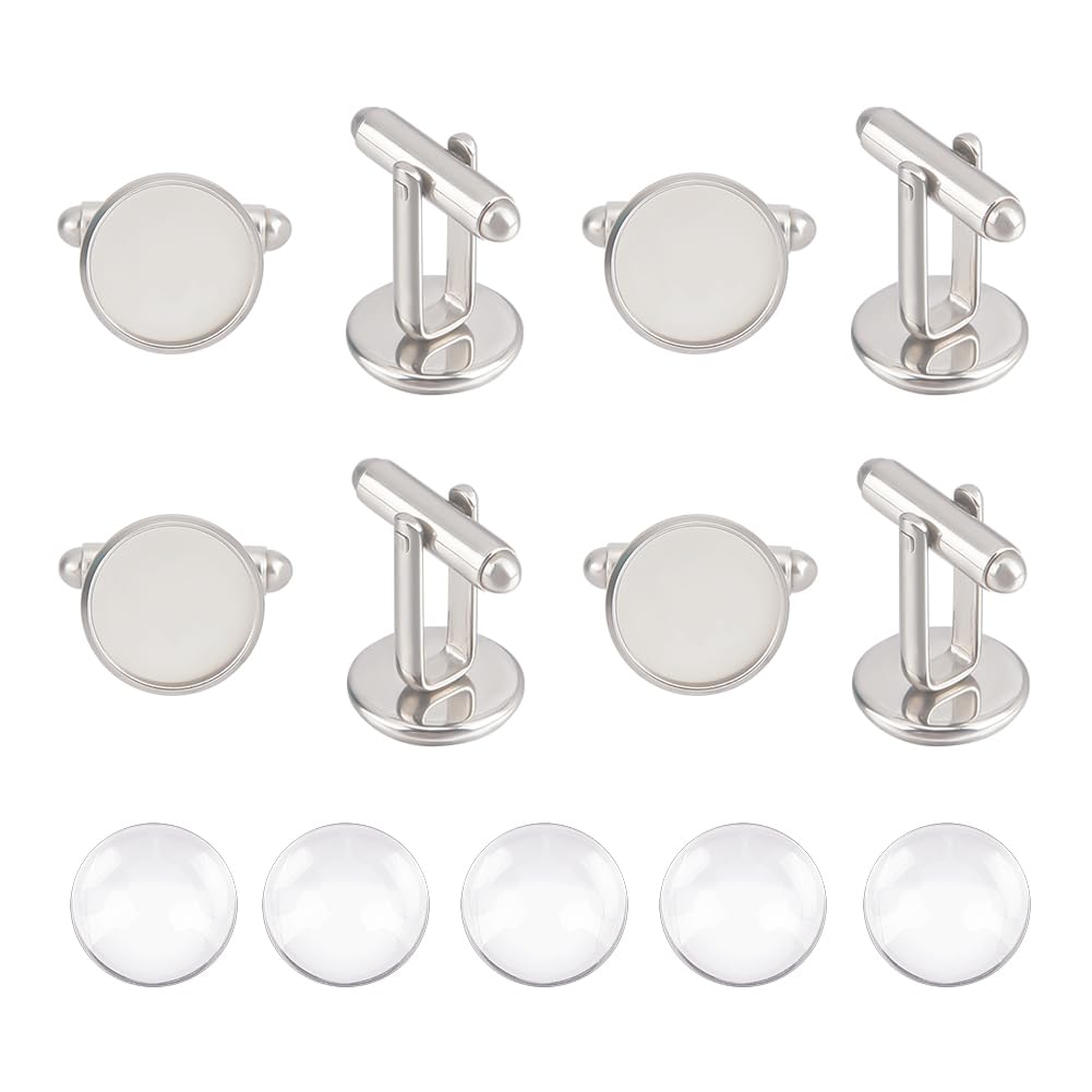 UNICRAFTALE 5 Pairs 12mm 304 Stainless Steel Cuff Button Cabochon Cufflink for Men Flat Round Cuff Button Tray Bezel Cufflink Blanks with Transparent Glass Cabochons Cufflink for Apparel Accessories
