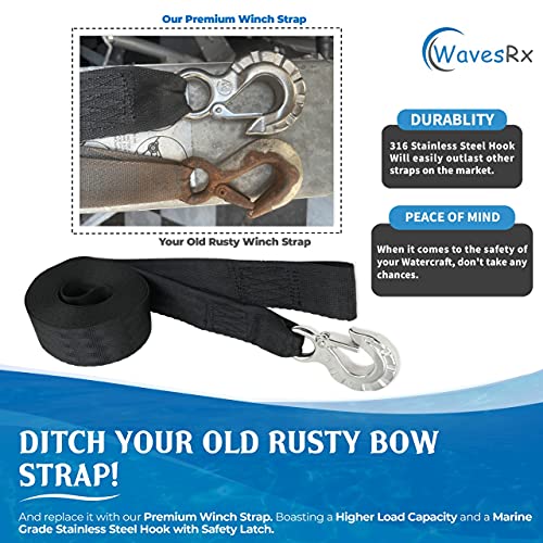 WavesRx Boat Trailer Premium Winch Strap Replacements with Stainless Steel Hook (2" x 20