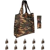 Aricsen 10 Pack 15x4.5x15 Inch Camo Reusable Shopping Bags with Handles Bulk, Foldable Xlarge Grocery Bags Heavy Duty 50 LBS Machine Washable for Pocket Nylon Tote, Polyester Fabric Cloth