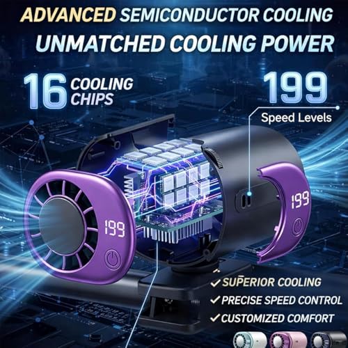 Car Clip On Air Conditioner Fan with LED Display - 360° Rotation, Portable Mini Cooling System for Auto Vehicle USB Rechargeable, 199 Speeds Adjustable, 16℃ Semi-Cooling Wide Clamp (White)