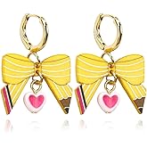 Teacher Earrings for Women Pencil Shaped Bow Earrings Heart Dangle Earring Bow Trnedy Preppy Earrings for Women Cool Earrings for Teachers