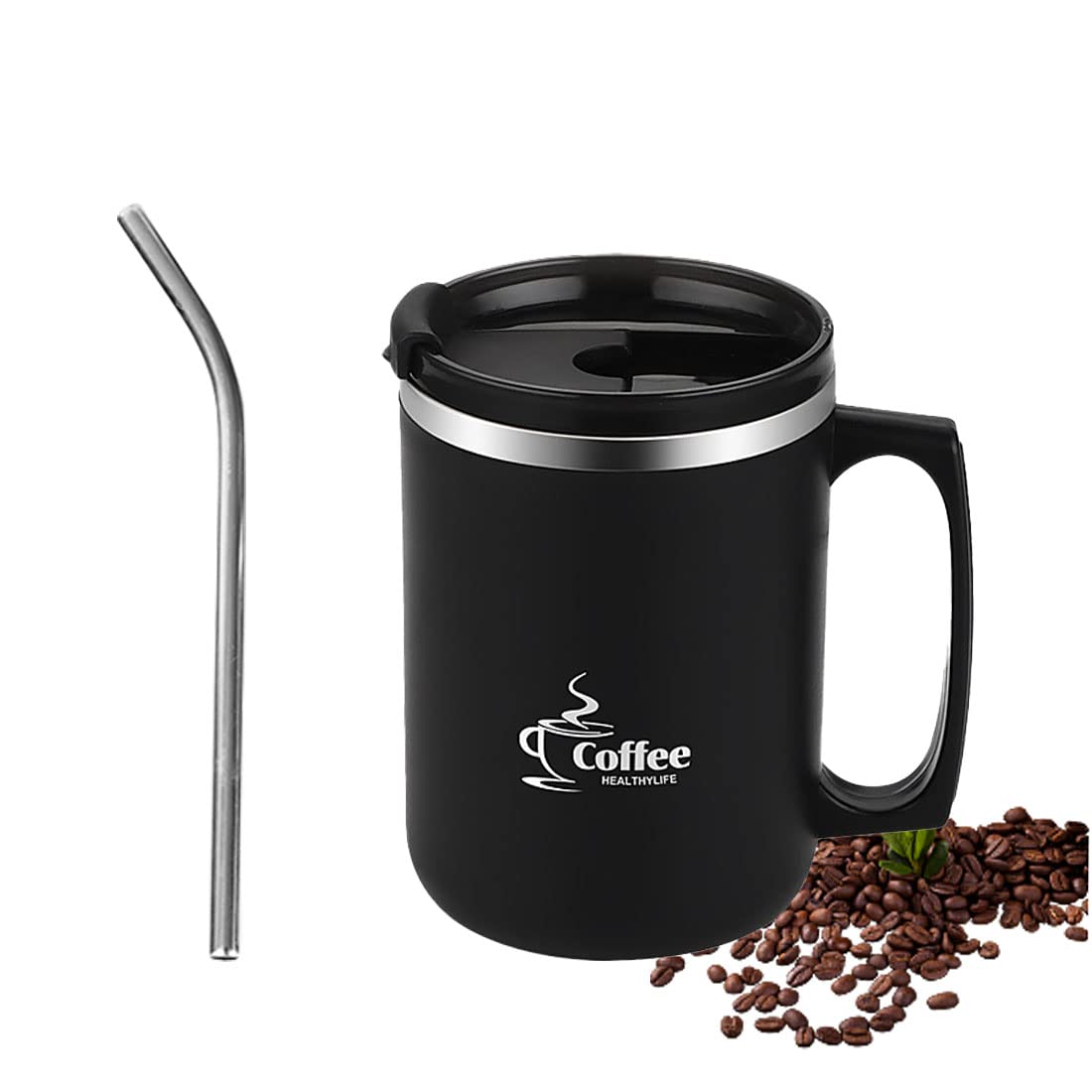 Lcxecnw 15 OZ Coffee Mug With Handle,Double Wall Vacuum Travel Mug,Coffee Mug With Flip lid and Straw,Reusable stainless steel mug,for Home,Office,Travel,Camping,Outdoor(Black)