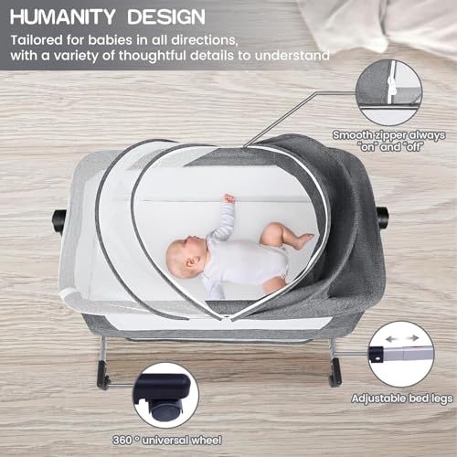 DMG TECH Crib, Bedside Sleeper Bedside Crib, Multifunctional 4-In-1 with Breathable Net, With Diaper Table, Mosquito Net, Mattress, Storage Basket Easy Folding Portable Crib For Newborn Baby