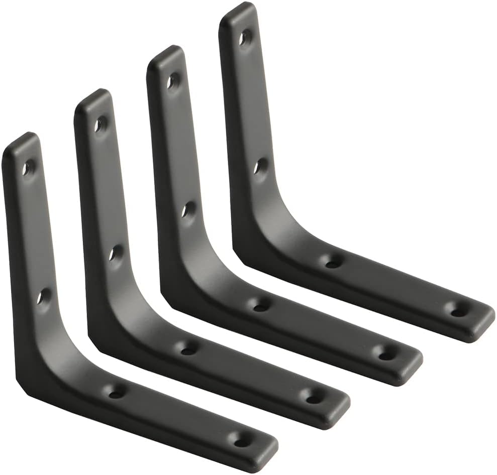 DERDOUT 4 Pcs Shelf Bracket Corner Brace Angle Bracket Shelf Support Wall Hanging 100mm*100mm, Metal Bright Black Finished, EJR100W-4P