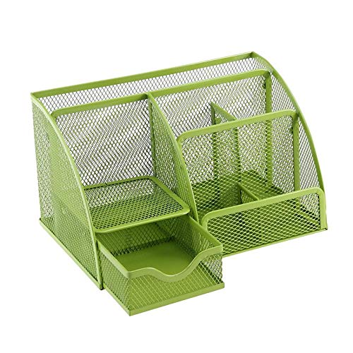 TopHomer Mesh Pen Pot Desk Tidy Organiser for Office Desk Stationery Supplies Organizer, 6 Components with Drawer Stationery Storage(Green)