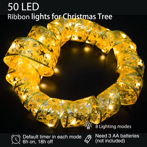 HomeKaren Ribbon Lights for Christmas Tree 32.8Ft with 100 Led, Battery Operated Christmas Lighted Ribbon Decorations Clearance for Tree with Timers, Ribbons Decor Light Up for Tree Mantle Stair