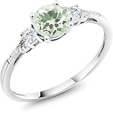 Gem Stone King 10K White Gold Green Prasiolite White Created Sapphire and White Diamond Accent 3-Stone Engagement Ring For Women (1.10 Cttw, Round 6MM, Gemstone Birthstone)
