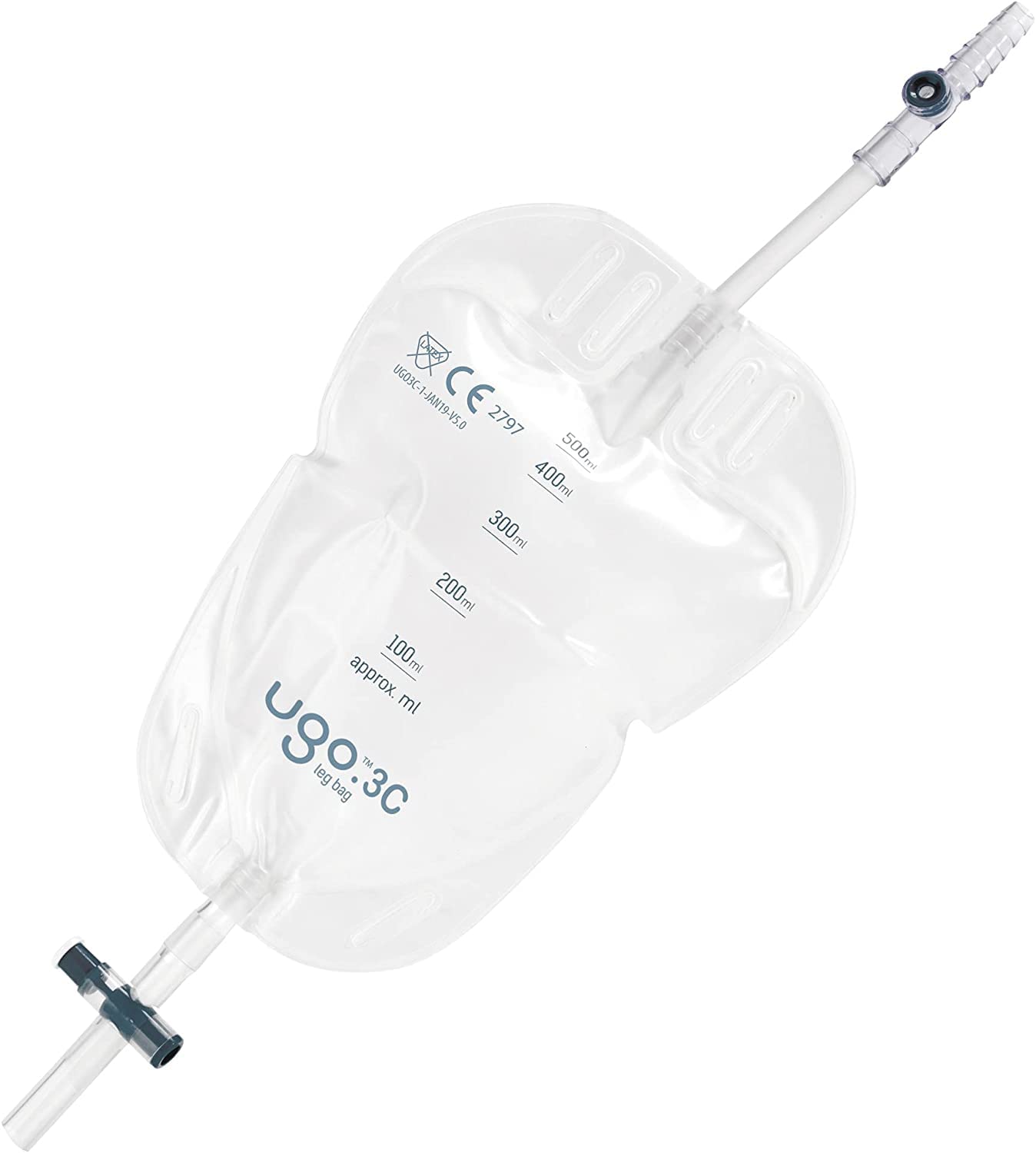 Ugo Leg Bags (x10) – Urine Drainage Bags/Catheter Leg Bags, T Tap or Lever Tap with Soft Fabric Backing and a Natural Leg-Shape Design (Pack of 10) (Ugo 3C - 500ml, Short Tube, T Tap)