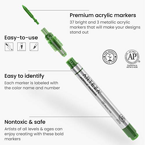 ARTEZA Acrylic Paint Markers, Set of 40 Acrylic Paint Pens in Assorted