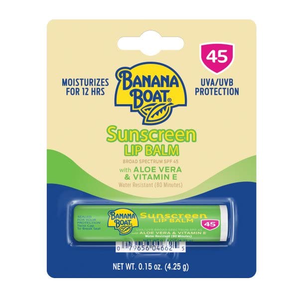 BANANA BOAT ALOE VERA WITH VITAMIN E SUNSCREEN LIP BALM, SPF 45 .15 OZ (4.25 G) (PACK OF 2)