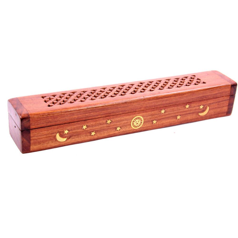 Sheesham Wood Incense Box with Brass Inlay Sun Moon and Stars