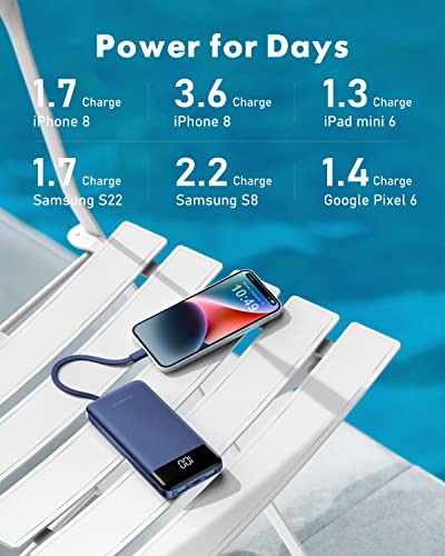 Charmast Portable Charger with Built in Cables, Portable Charger with Cords Wires Slim 10000mAh Travel Essentials Battery Pack 6 Outputs 3A High Speed Power Bank for iPhone Samsung Pixel LG Moto iPad