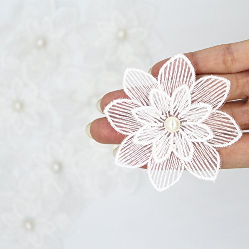 (Pack of 10) Embroidery Pearl Flowers Sew On Patch Badge Wedding Bridal Dress Embroidered Applique DIY (White)