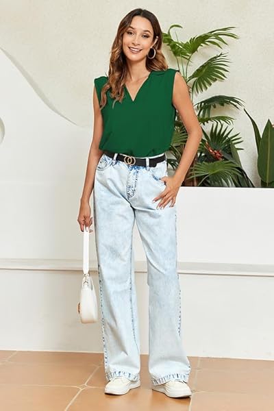 WOMENS SUMMER TOPS CAP SLEEVE V NECK TANK TOP DRESSY CASUAL LAPEL SHIRTS BASIC TEE SHIRT 2024 GREEN