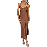 HKMECRI Summer Satin V Neck Silp Midi Dress for Women Wedding Guest 2025 Sexy Spaghetti Strap Backless Long Dresses with Slit