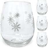 BANBERRY DESIGNS Stemless Wine Glasses - Snowflake Wine Glass - Set of 4 - Winter Holiday Glasses with Silver Snowflake Design - 20 oz Capacity